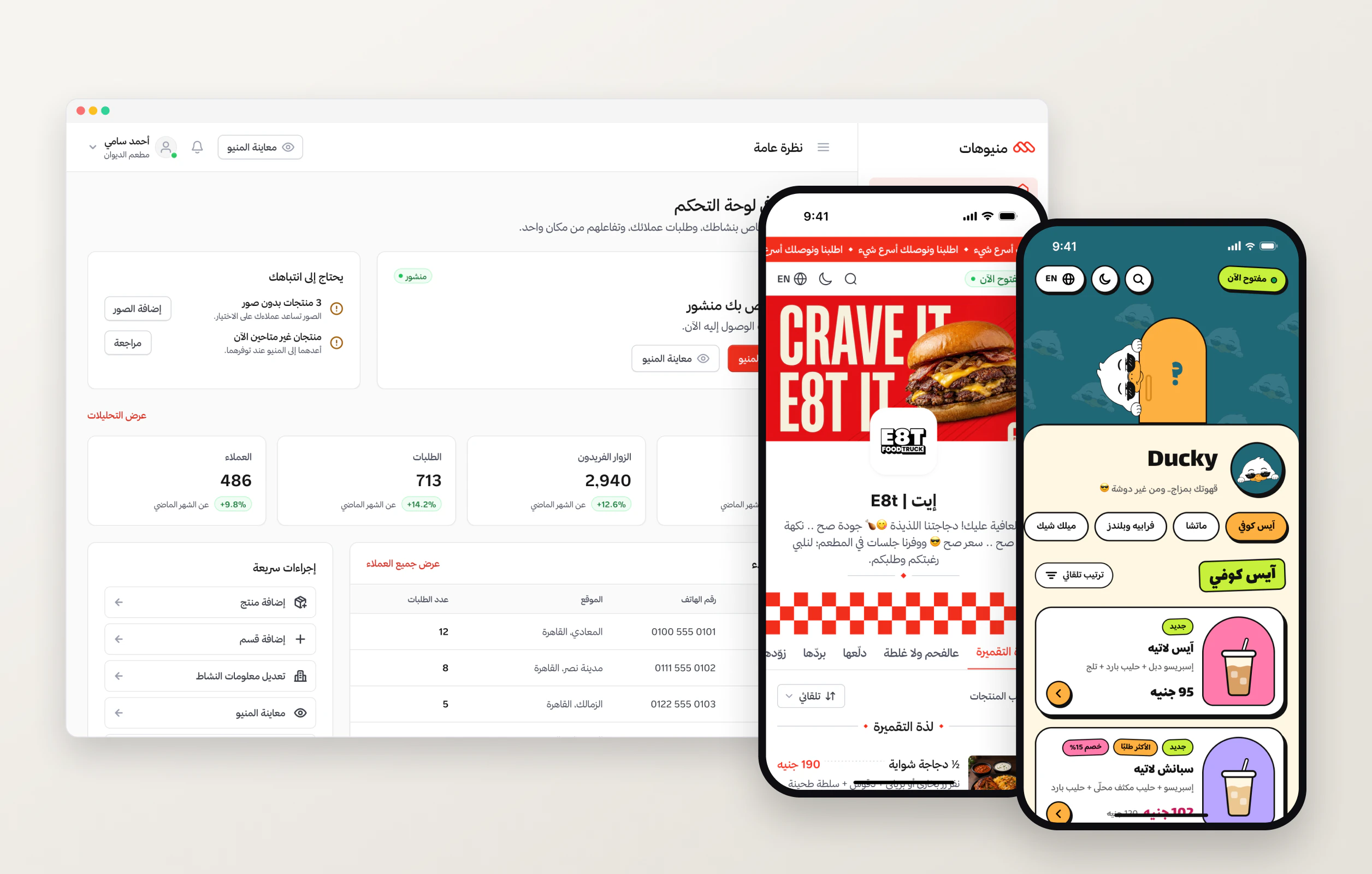 Menuhat owner dashboard with two public menu themes on phones