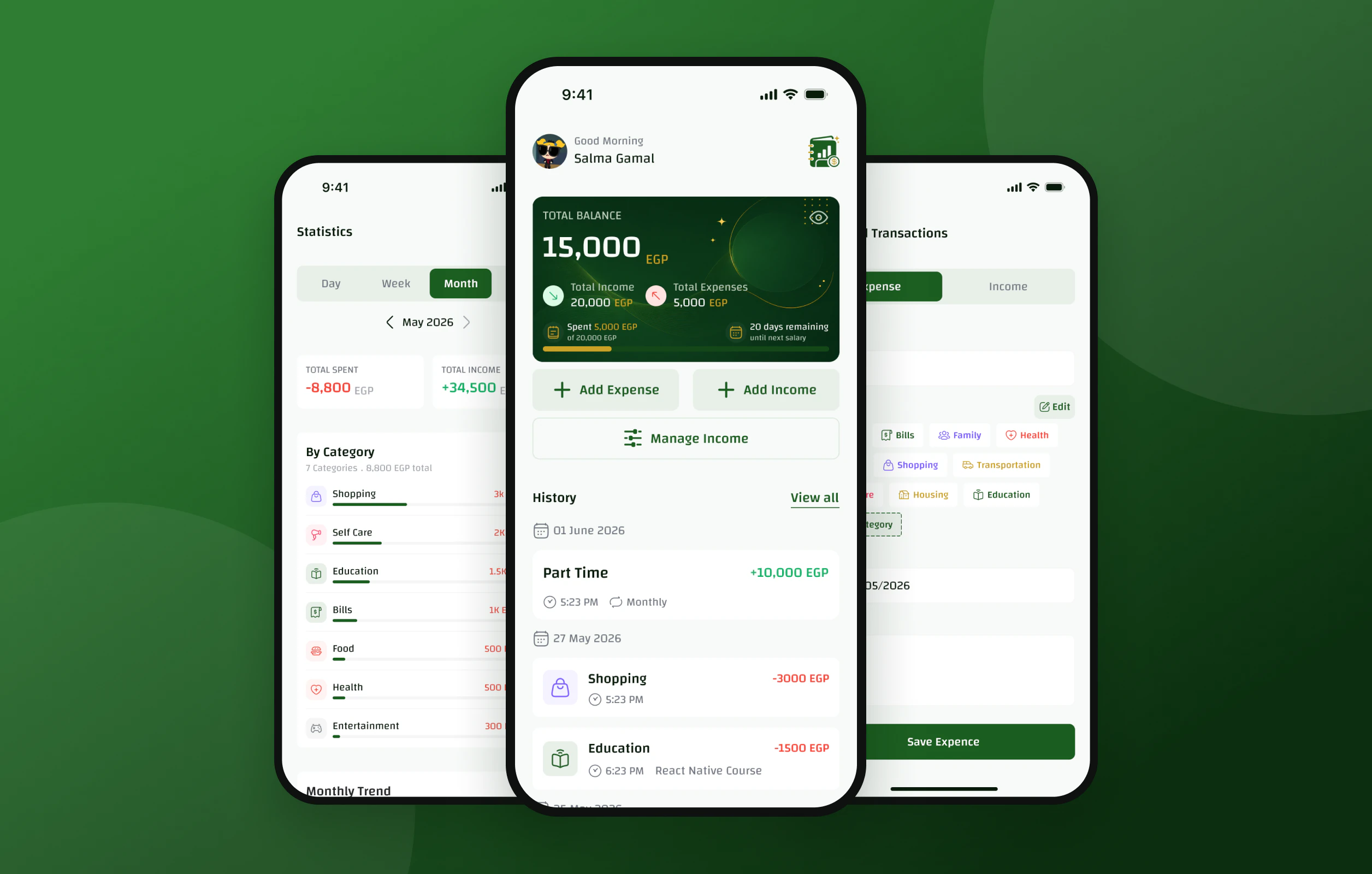 Daftar app screens: statistics, home balance and adding a transaction